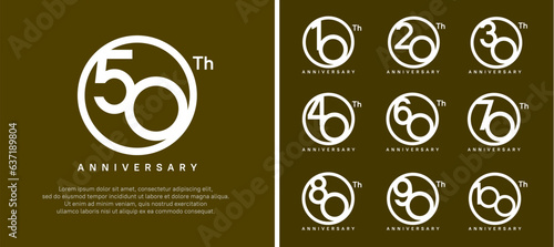 set of anniversary logo white color number in circle and white text on brown background for celebration