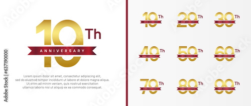 set of anniversary logo golden color number and red ribbon on white background for celebration