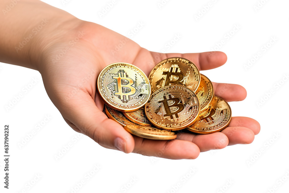 Hand holding bitcoin coins isolated on white background PNG Hand holding bitcoin coins isolated on white background PNG