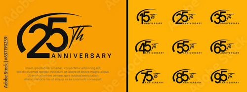 set of anniversary logo black color number and swoosh on yellow background for celebration