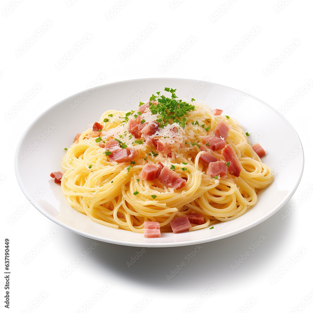 Spaghetti Carbonara isolated on plain white background