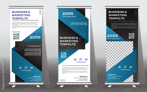 roll up banner design and vector template. blue and black color , standee banner design, vertical banner, x-banner, standee Template. pull up banner, Brochure, Flyer. abstarct vector illustration