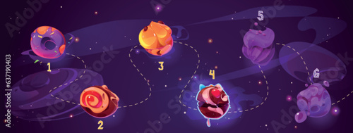 Candy food planet space game level map cartoon vector background. Fantasy chocolate galaxy illustration with donut. Funny colorful jelly solar system trip of bakery dessert satellite and road