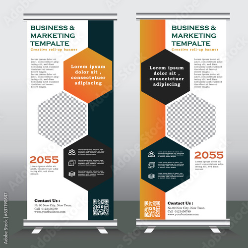 roll up banner template for business, vertical banner template, abstract vector illustration , abstract geometric standee banner, modern x-banner and pull up, vertical banner with orange and black