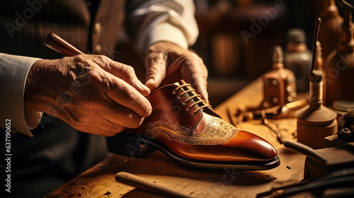 Shoemaker's hands assembling fashionable mens leather shoes