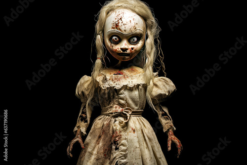 Creepy zombie doll isolated on black background. Halloween theme.