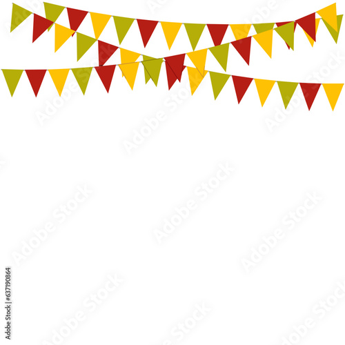 Garland icon of multicolored flags pennants isolated on transparent and white background. Festive close-up element for design decoration. Vector illustration for thanksgiving and harvest festival. 