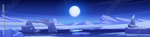 Night north pole vector landscape with full moon in sky. Cartoon dark arctic illustration with frozen water and ice arch. Freeze lake and snowy hill outdoor antarctica environment for web banner