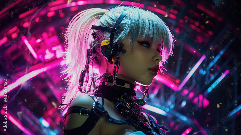Gothic mecha girl portrayed in a Pop Art Deco style, set against a retro futurism backdrop with neon accents Gothic mecha girl portrayed in a Pop Art Deco style, set against a retro futurism backdrop with neon accents