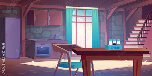 Castle kitchen interior with dining table cartoon illustration. Fridge, cupboard, stove, oven and wood desk in palace room with vintage cook furniture. Daylight from window location with stone wall