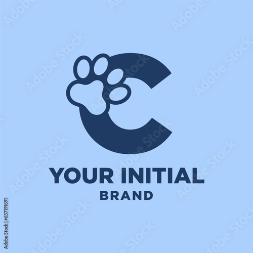 letter C paw print dog foot silhouette in negative space initial vector logo design