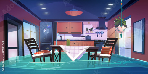 Flood in broken kitchen house room vector cartoon background. Pipe leak insurance problem in abandoned messy home. Leakage disaster damage on day scene with nobody and sewage on apartment floor.