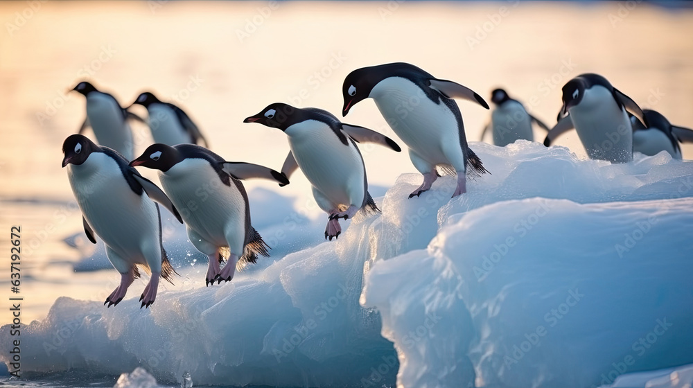 Fototapeta premium Adelie penguins jump into the ocean from an iceberg. Generative Ai