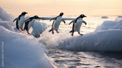 Adelie penguins jump into the ocean from an iceberg. Generative Ai