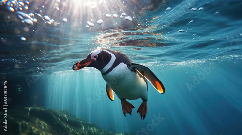 A penguin swimming marine life underwater ocean, Penguin on surface and dive dip water. Generative Ai