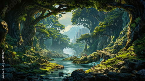 Magical Forest with Trees and Rocks Landscape