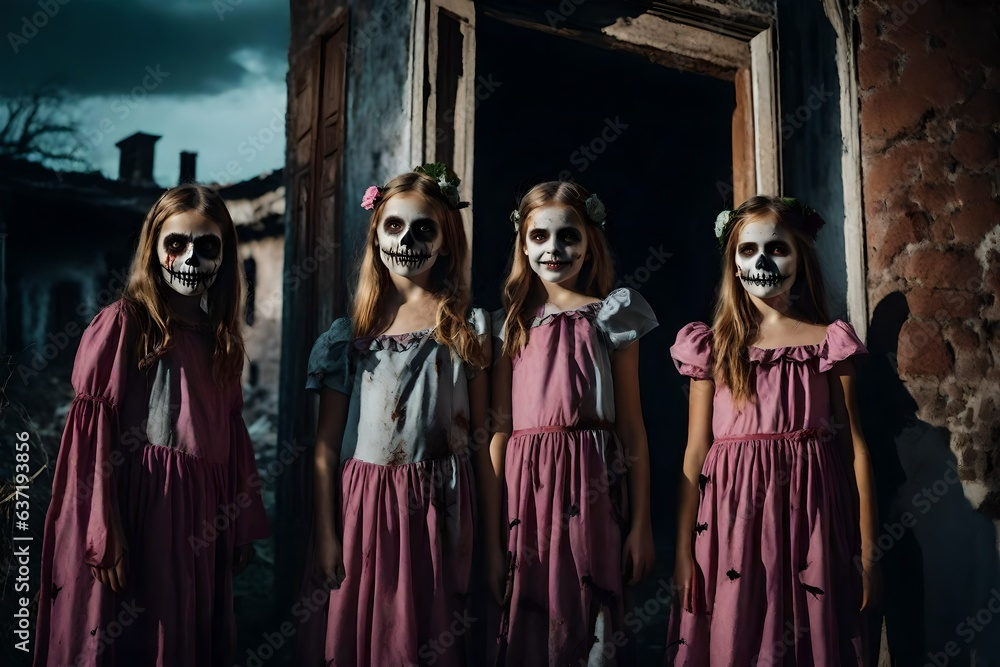 Zombie costume for halloween, girls wearing zombie halloween costumes - Generative AI