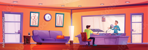 Man in music studio booth room cartoon vector. Sound production workstation with singer and producer character. Professional mixing equipment station for radio broadcast. Couch near purple door