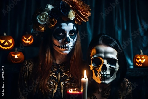 portrait of a women with a skull and a skull mask on their face at halloween - Generative AI