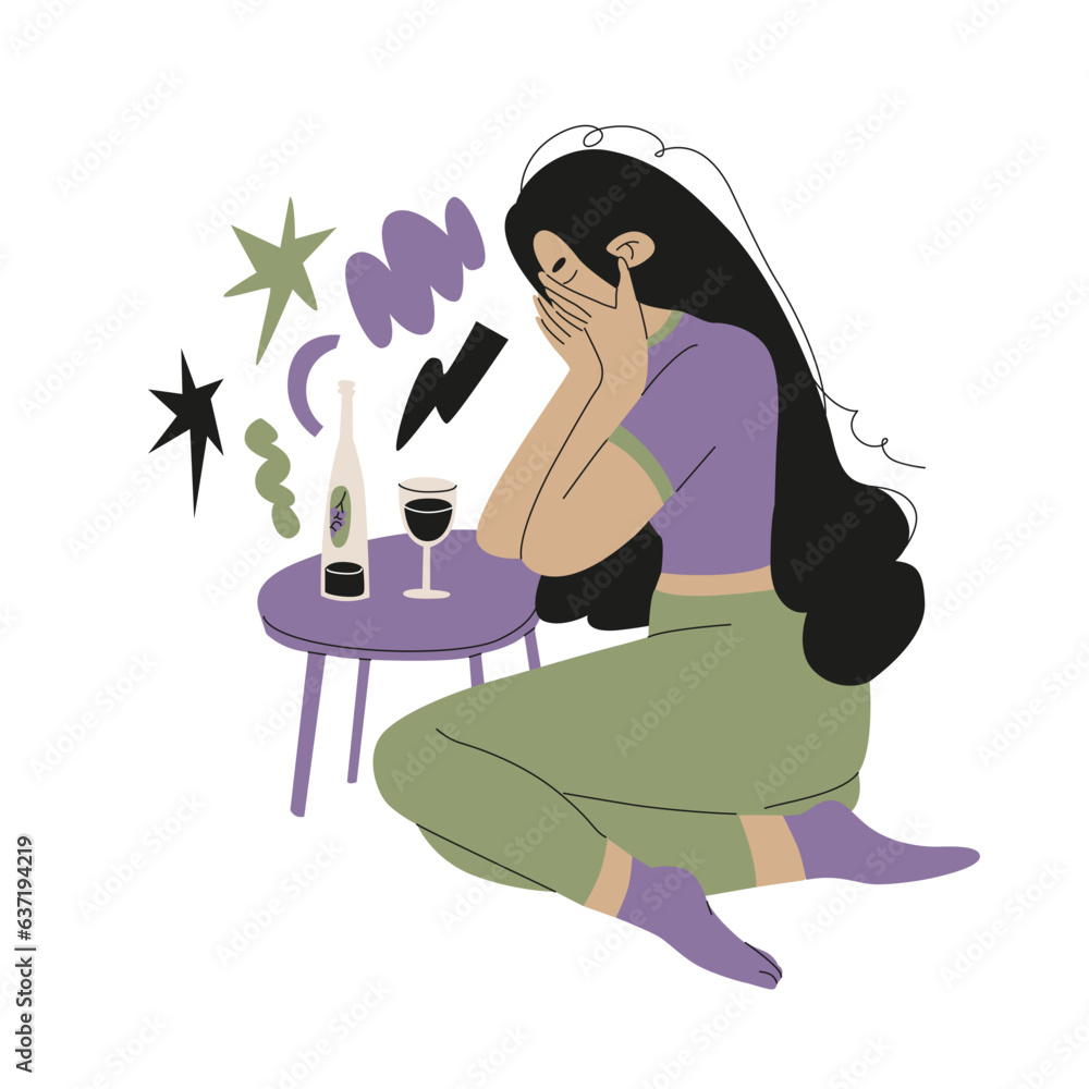 A woman with black long hair is crying on the flor, covering her face with her hands at a table with a bottle of wine and a glass. Female alcoholism, dependence and loneliness. Vector illustration. A woman with black long hair is crying on the flor, covering her face with her hands at a table with a bottle of wine and a glass. Female alcoholism, dependence and loneliness. Vector illustration.