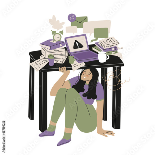 A woman with black hair is crying under a table laden with papers and work materials. Deadline, stress at work, social pressure. Vector illustration isolated on white background.