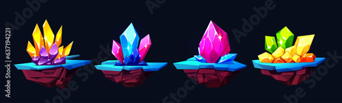 Clusters of gemstone crystals sticking out of ice covered ground. Cartoon game assets of bright colorful shining diamond raw material rocks and jewel minerals. Vector illustration of mining treasure