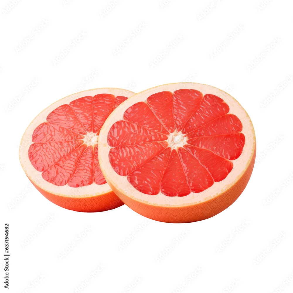 Freshly sliced grapefruit on transparent background representing concept of fruit in a grocery store