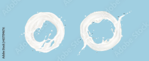 Realistic set of milk splash circles isolated on blue background. Vector illustration of yogurt splatter, round swirl of creamy liquid substance with waves and droplets, dairy drink or white paint