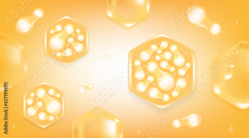 Probiotic and Hyaluronic acid skin solutions ad, gold collagen, and vitamin serum drops with cosmetic advertising background ready to use illustration vector.