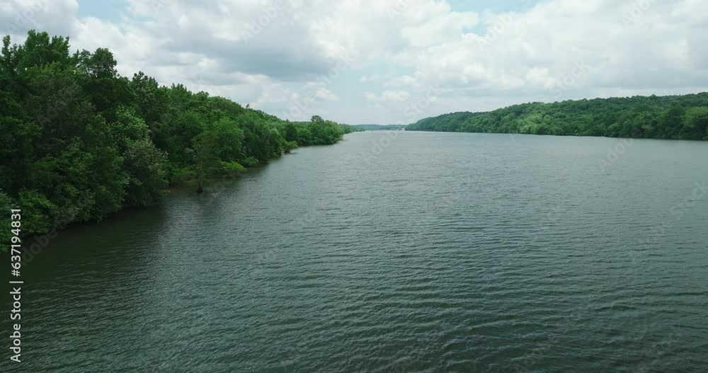 View Of A Tranquil River In Mousetail Landing State Park, Linden, Tennessee, USA - drone shot View Of A Tranquil River In Mousetail Landing State Park, Linden, Tennessee, USA - drone shot