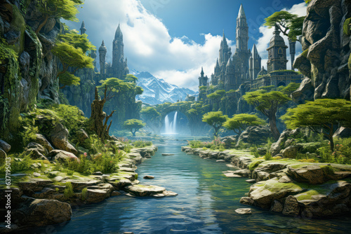 фотография Epic Adventure in a Fantasy Environment with a Bridge and a Ruins Castle