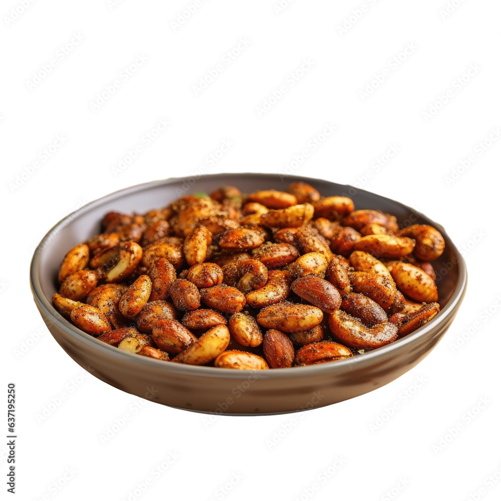 Spicy nuts fried and placed on a black plate isolated Spicy nuts fried and placed on a black plate isolated