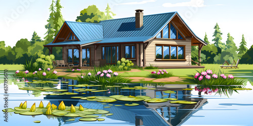 Papier peint a cartoon house near water lillies by a lake