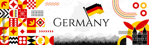 The Germany Independence Day abstract banner design with flag and map. Flag color theme geometric pattern retro modern Illustration design. Red, yellow and Black color template.