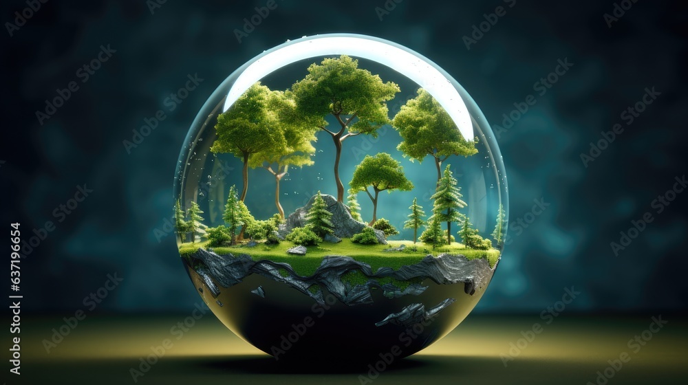 eco-friendly utopia: a lush miniature forest encased in a transparent globe - a symbolic image for sustainable living and environmental conservation