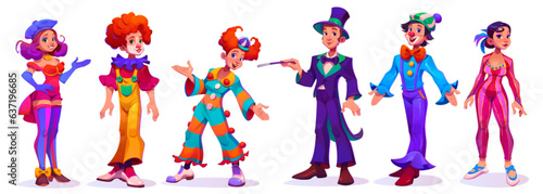 Circus cartoon characters set - vector illustration of various cirque or carnival artists in bright scenic costumes. Man magician in coat and hat, woman gymnast and clowns with wig and red nose.