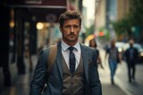Handsome entrepreneur with his bag in a street. Generative Ai