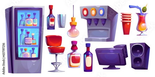 Equipment, furniture and drinks for bar counter of cafe, restaurant, or nightclub. Coffee machine, refrigerator, high stool and glass bottles with different alcohol. Cartoon vector illustration.