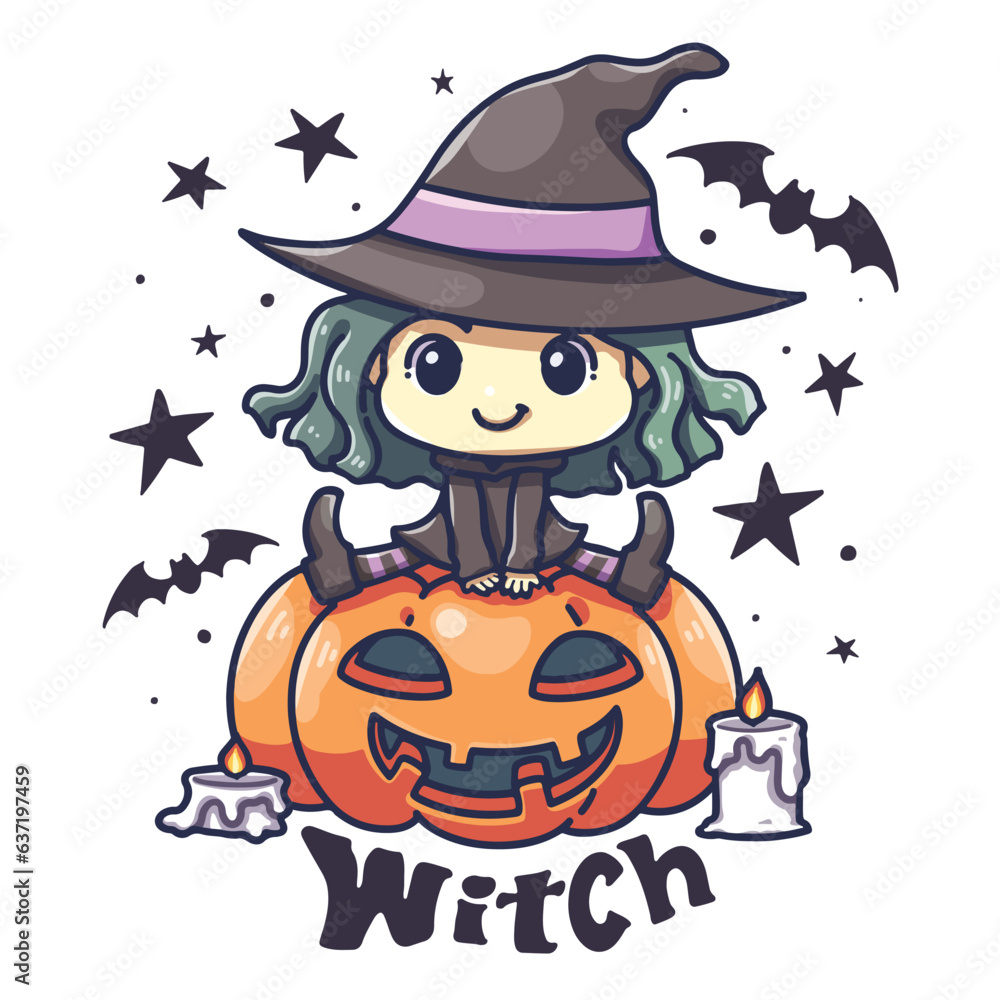 Cute design element cartoon, cartoon illustration of little witch sat on a big smiling pumpkin, Character cartoon, Vector image. Cute design element cartoon, cartoon illustration of little witch sat on a big smiling pumpkin, Character cartoon, Vector image.
