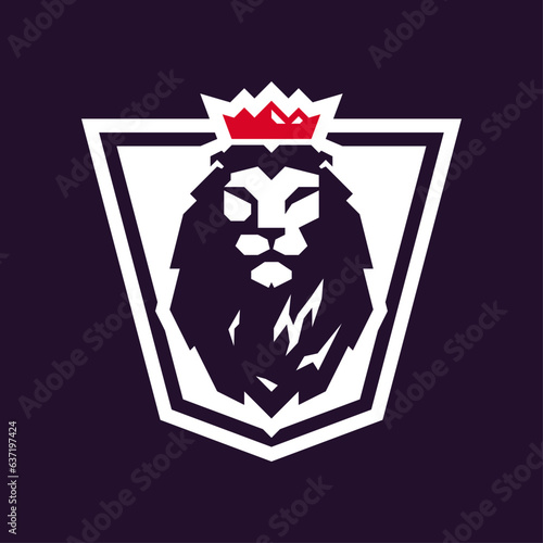 Vector purple lion head logo with red crown and white outline.