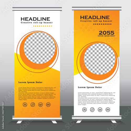 roll up banner stand design with abstract geometric colorful. yellow and ash color standee design, vertical banner, x standee banner template. pull up banner, presentation and brochure flyer. vector