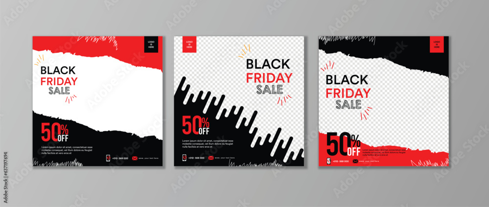 Black Friday banner, black Friday discount banner, set of three social media Black Friday poster