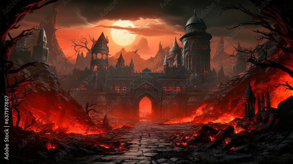 A Gothic Castle Surrounded by Red Trees and a Moonlit Sky A Gothic Castle Surrounded by Red Trees and a Moonlit Sky