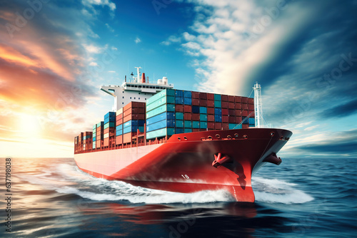 Global business logistics import-export cargo. A cargo ship with sea containers on board goes through the sea. Transportation of goods across the ocean.