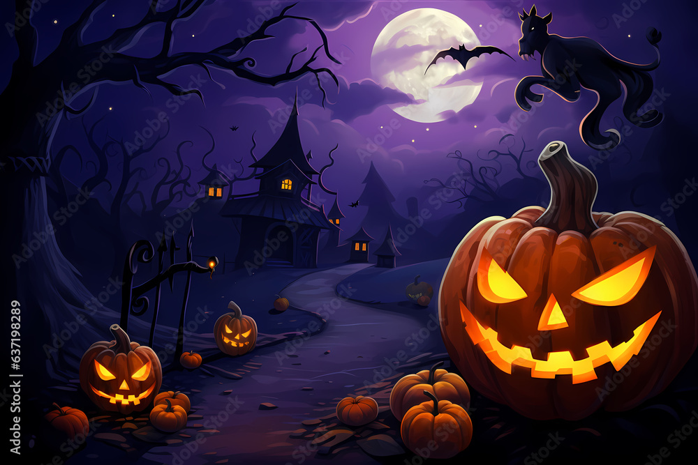 Happy Halloween background with scary pumpkins and castle haunted.Halloween background with Evil Pumpkin. Spooky scary dark Night forrest. Holiday event halloween banner background concept