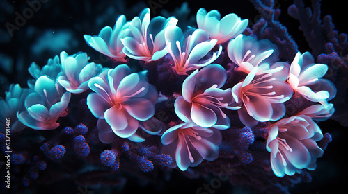 Blue and pink flowers on a black background.Generative Ai