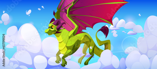 Green dragon with pink wings flying above clouds. Vector cartoon illustration of fantastic creature with tail  horns and paws against heavenly cloudscape background. Traditional asian mascot animal