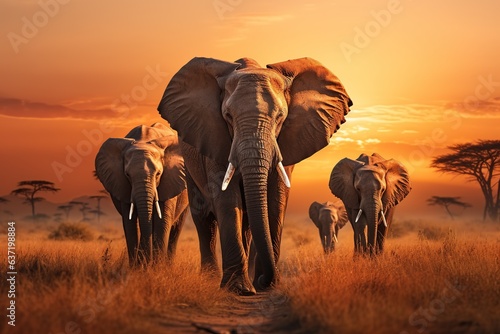 a herd of elephants walking across a dry grass field at sunset with the sun in the background and a few trees in the foreground,Generated with AI © Chanwit