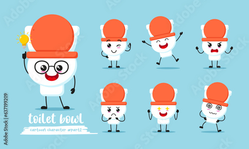 cute toilet bowl cartoon with many expressions. potty different activity pose vector illustration flat design set.