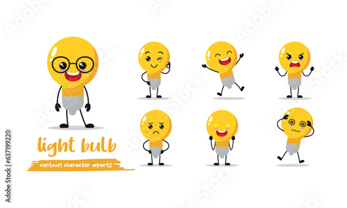 cute light bulb cartoon with many expressions. lamp different activity pose vector illustration flat design set.